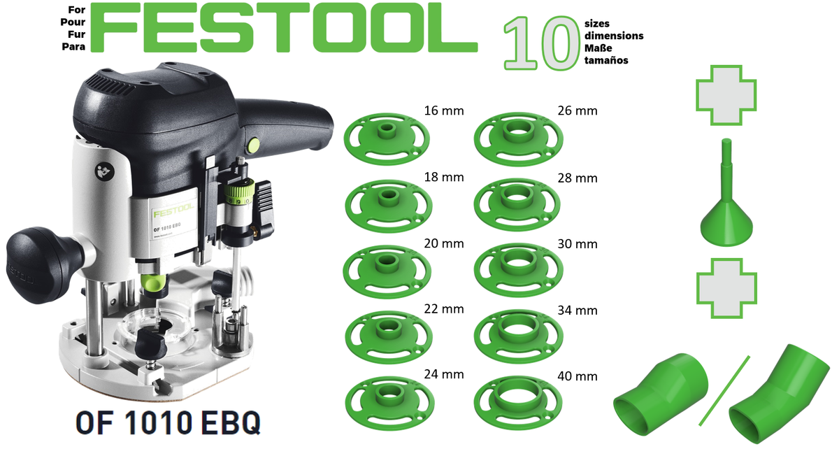 Pour défonceuse Festool OF 1010 EBQ - 10 bagues de copiage + cône + embout d'aspiration
