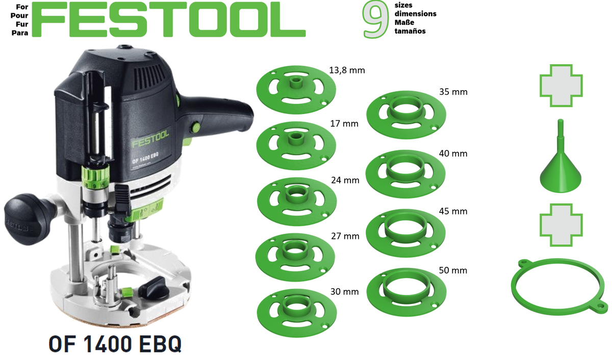 Pour défonceuse Festool OF 1400 - 9 bagues de copiage + cône