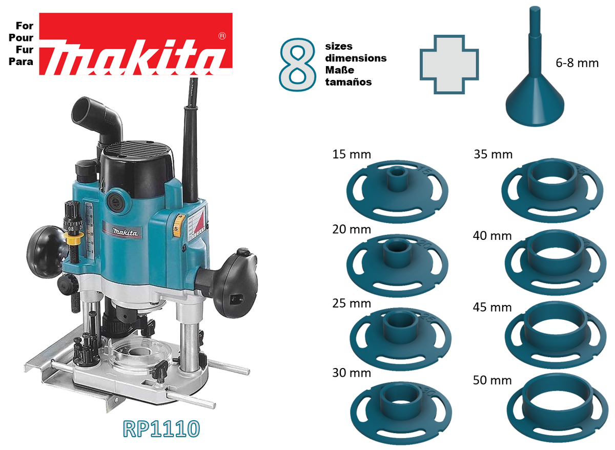 Pour défonceuse Makita RP1110 - 8 bagues de copiage + cône de centrage