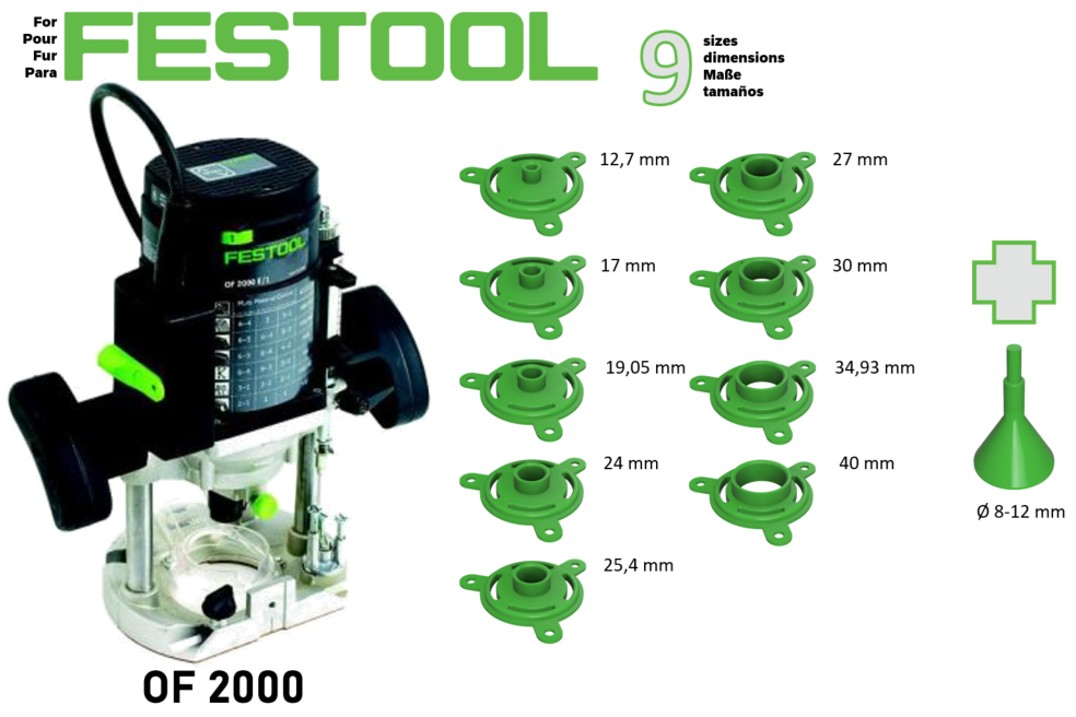 Pour défonceuse Festool OF 2000 E/1 - 9 bagues de copiage + cône