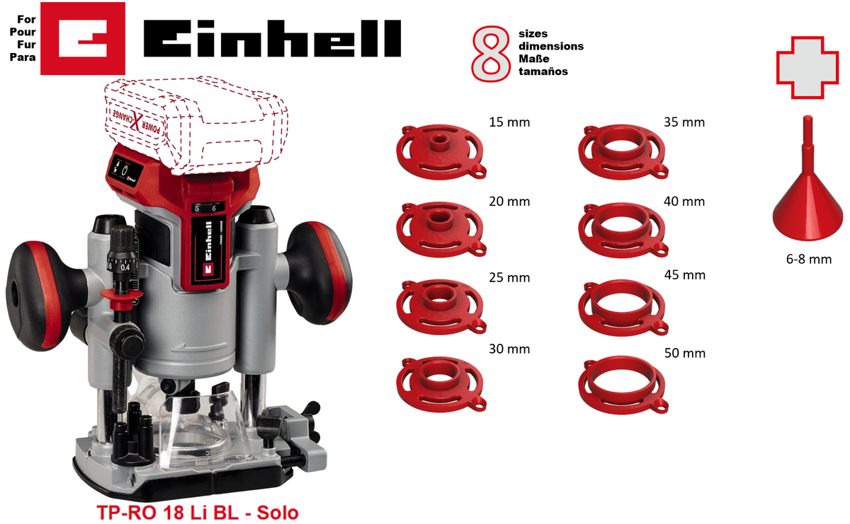 Pour défonceuse Einhell TP-RO 18 - 8 bagues de copiage + 1 cône de centrage